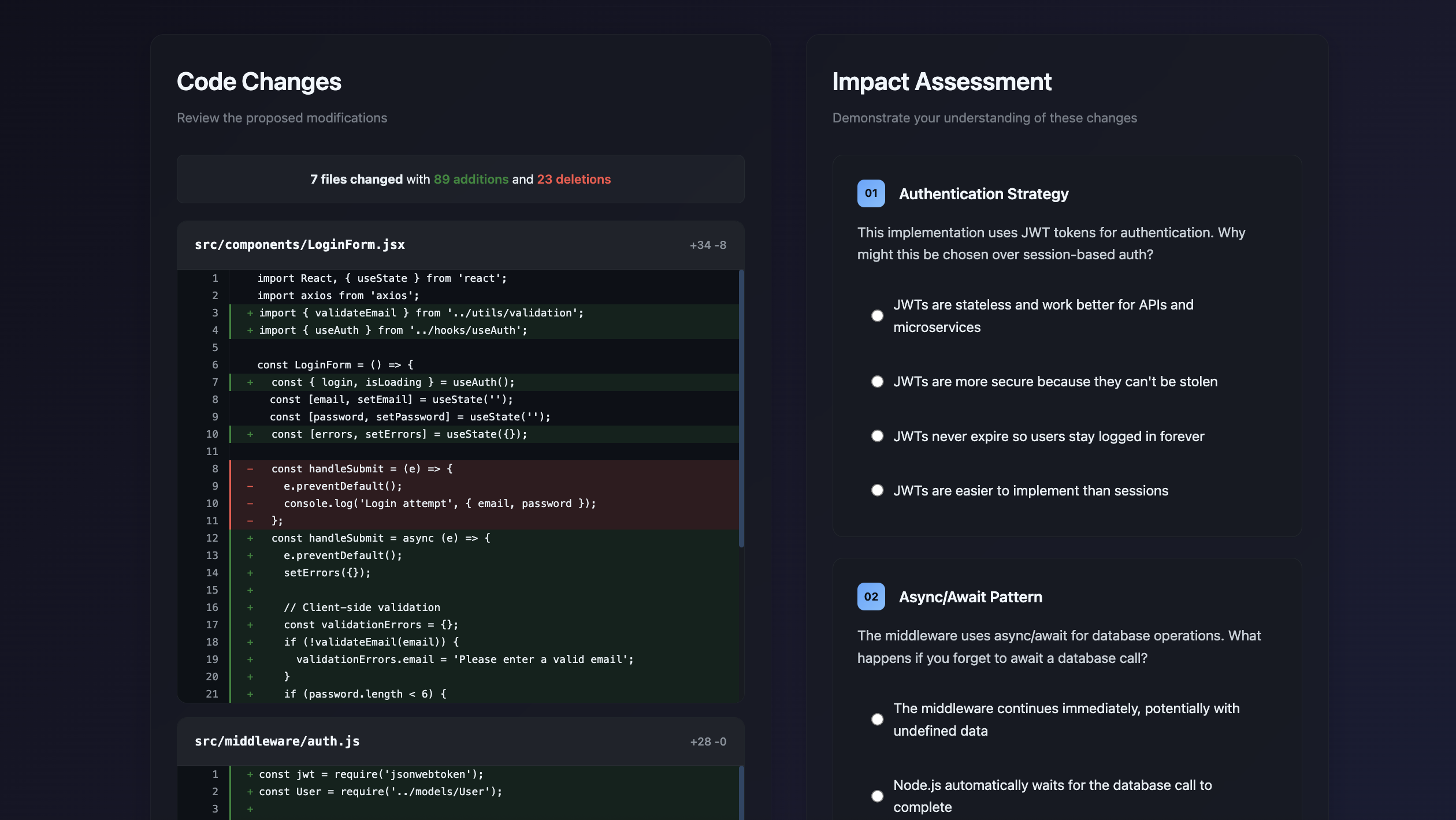 VibeCheck Assessment Interface showing code changes and impact questions